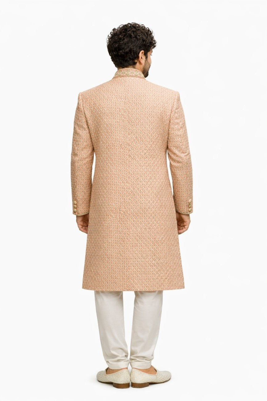 Light Peach Sherwani with Floral Embroidery and Golden Border