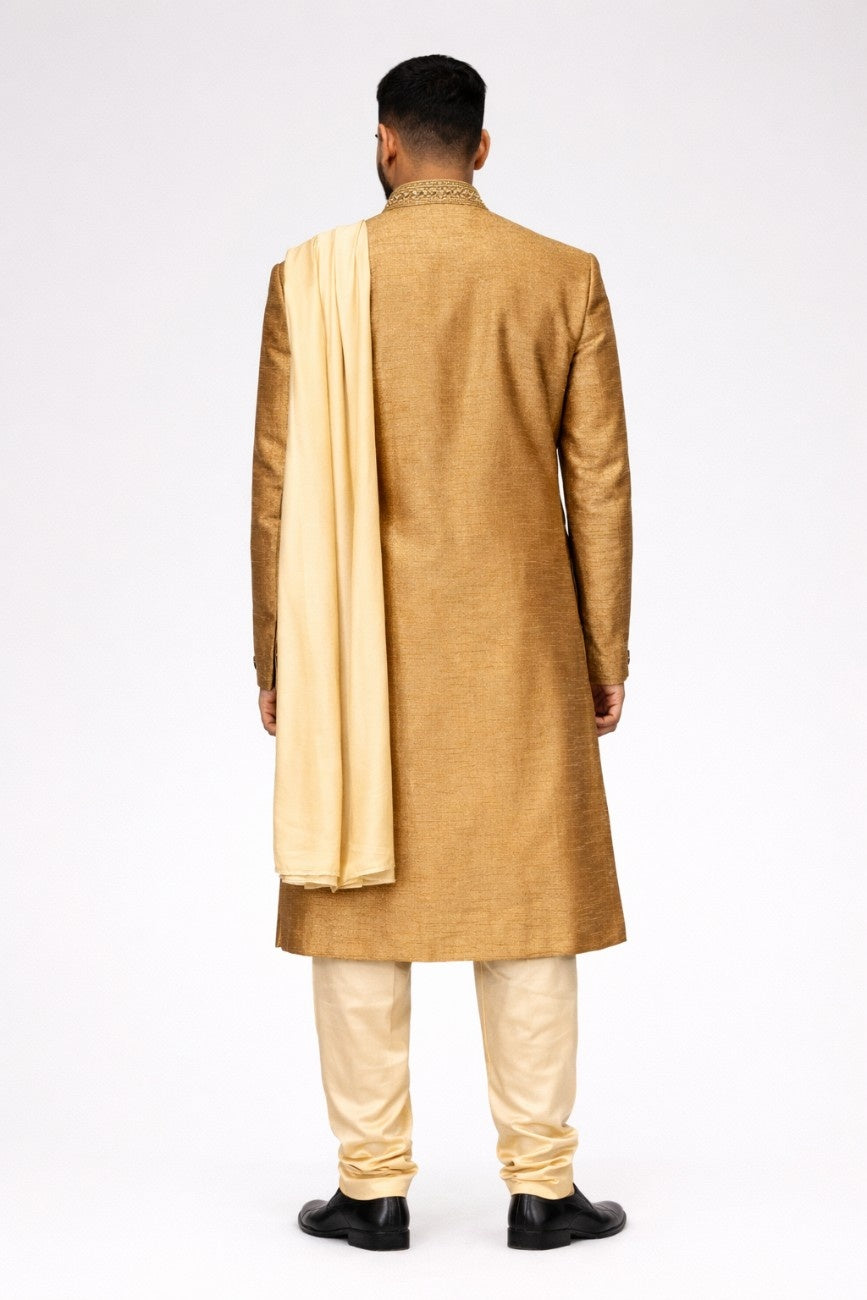 Golden Sherwani with Beige Dupatta and Embellished Work