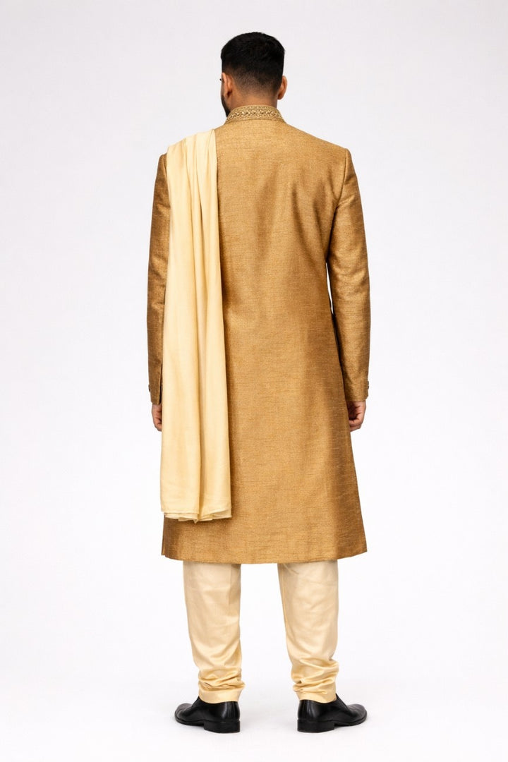 Golden Sherwani with Beige Dupatta and Embellished Work