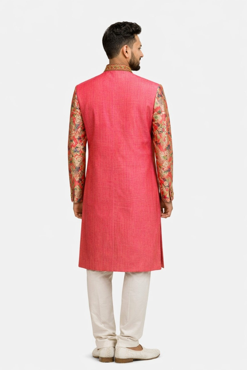 Golden Sherwani with Intricate Floral and Leaf Design