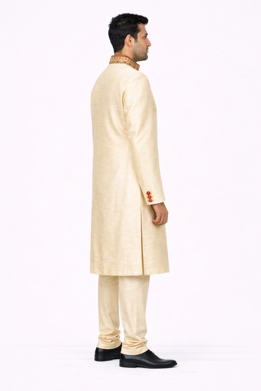 Ivory and Red Floral Embroidered Sherwani with Pocket