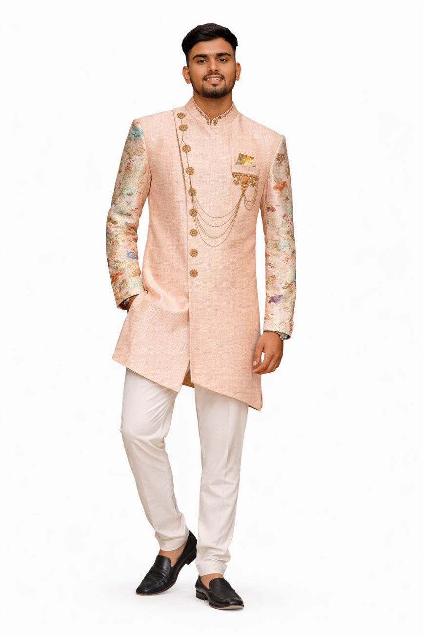 Pink Sherwani with Floral and Gold Embroidery