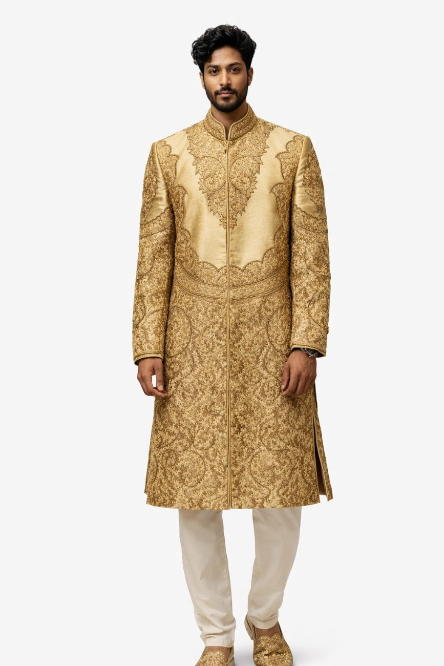 Golden Embroidered Sherwani with Floral Detailing
