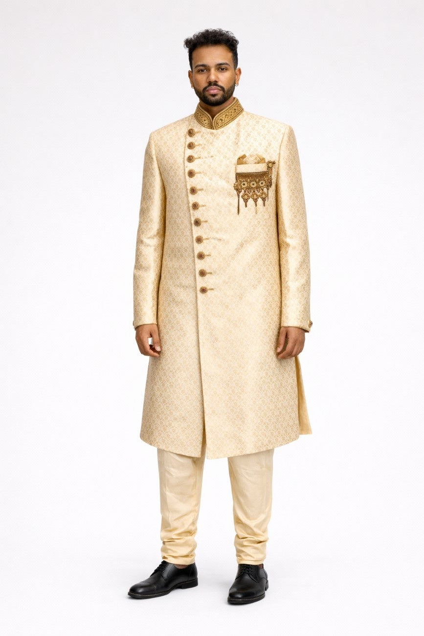 Beige Brocade Sherwani with Embellished Collar and Pocket Square
