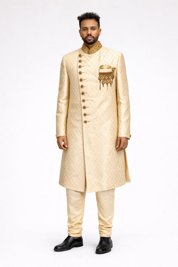 Beige Brocade Sherwani with Embellished Collar and Pocket Square