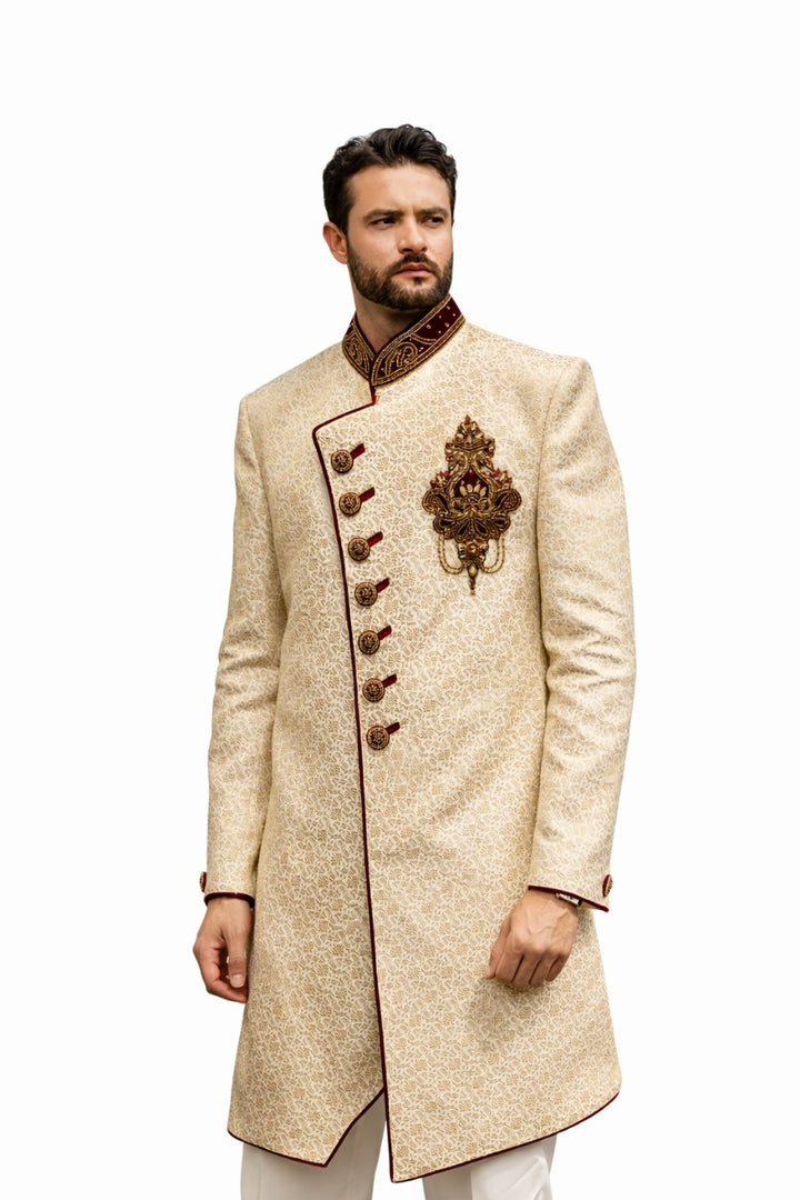 Red and Gold Sherwani with Floral and Paisley Embroidery