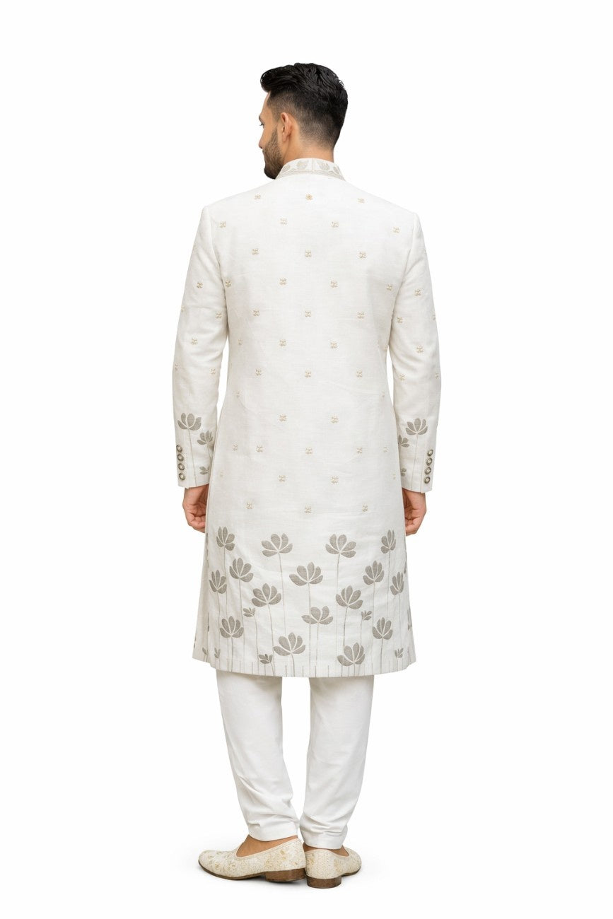 Beige Sherwani with Embroidered Floral and Leaf Design
