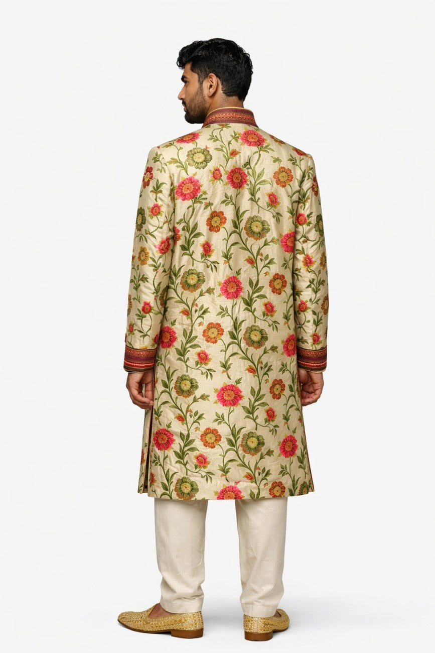 Bright Pink Sherwani with Floral Embroidery and Gold Border
