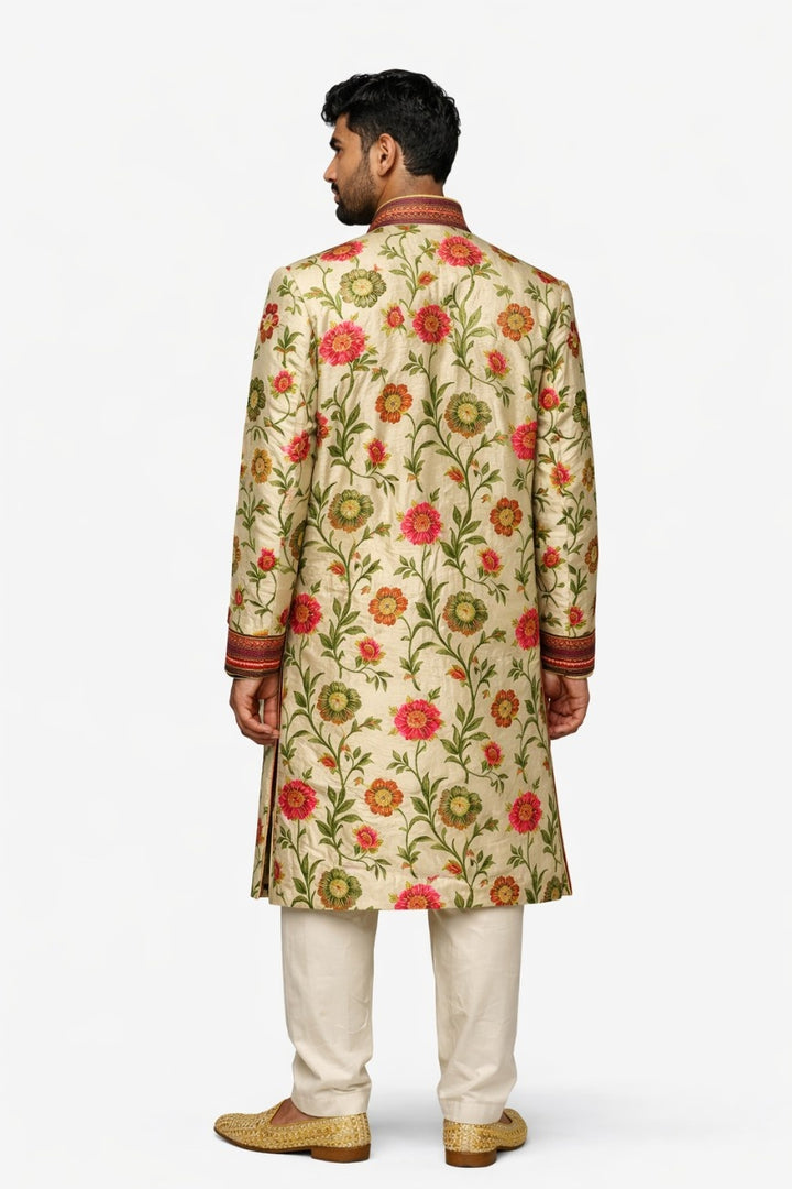 Bright Pink Sherwani with Floral Embroidery and Gold Border