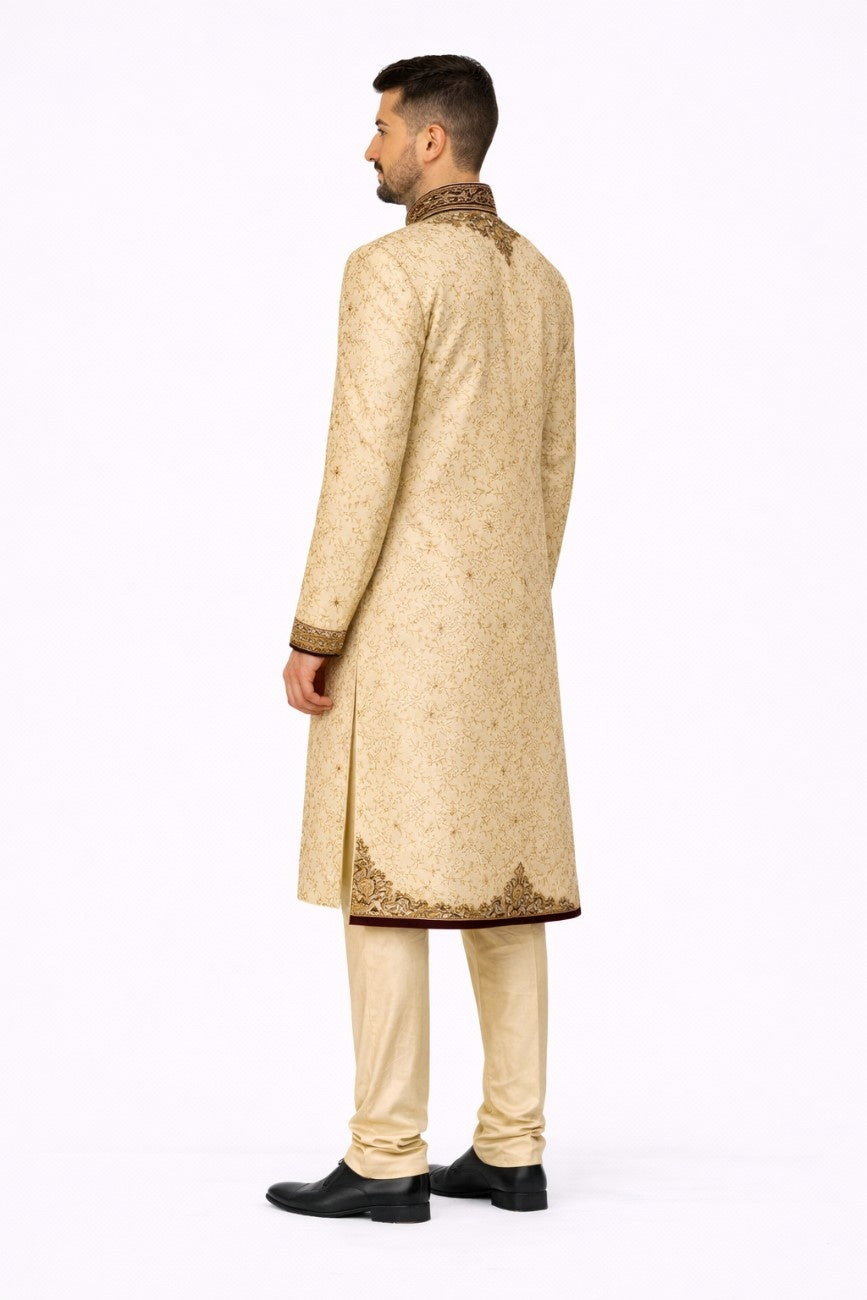 Beige Floral Embroidered Sherwani with Pocket Square