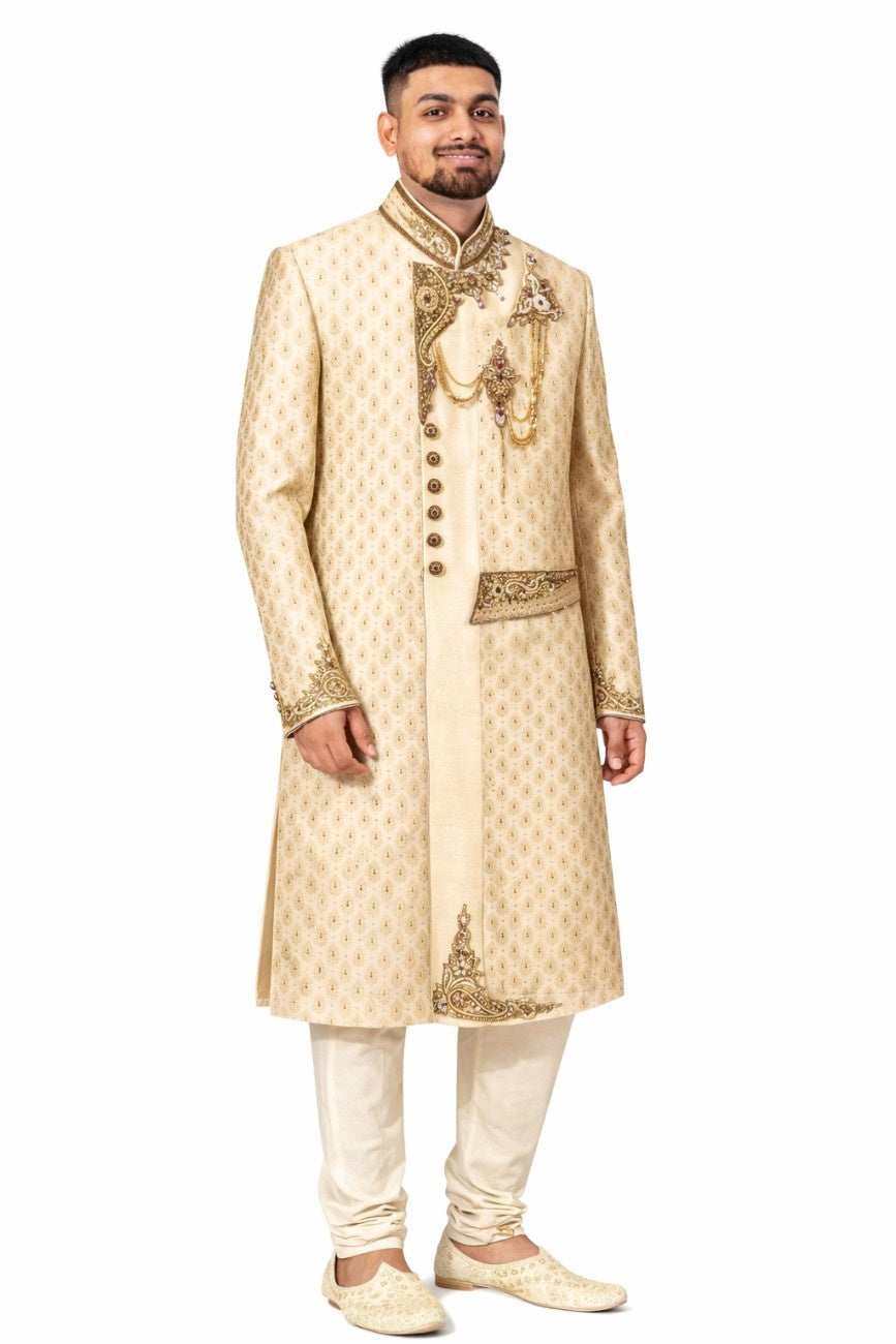 Pastel Peach Floral Embroidered Sherwani with Golden Buttons