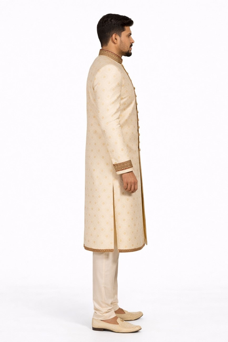 Beige Sherwani with Thread Work and Embellished Collar