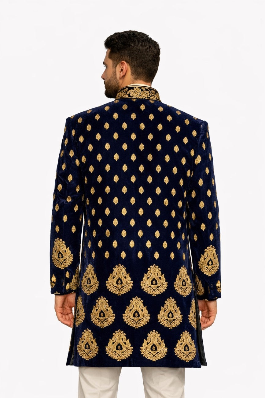 Navy Blue Sherwani with Gold Floral and Paisley Design