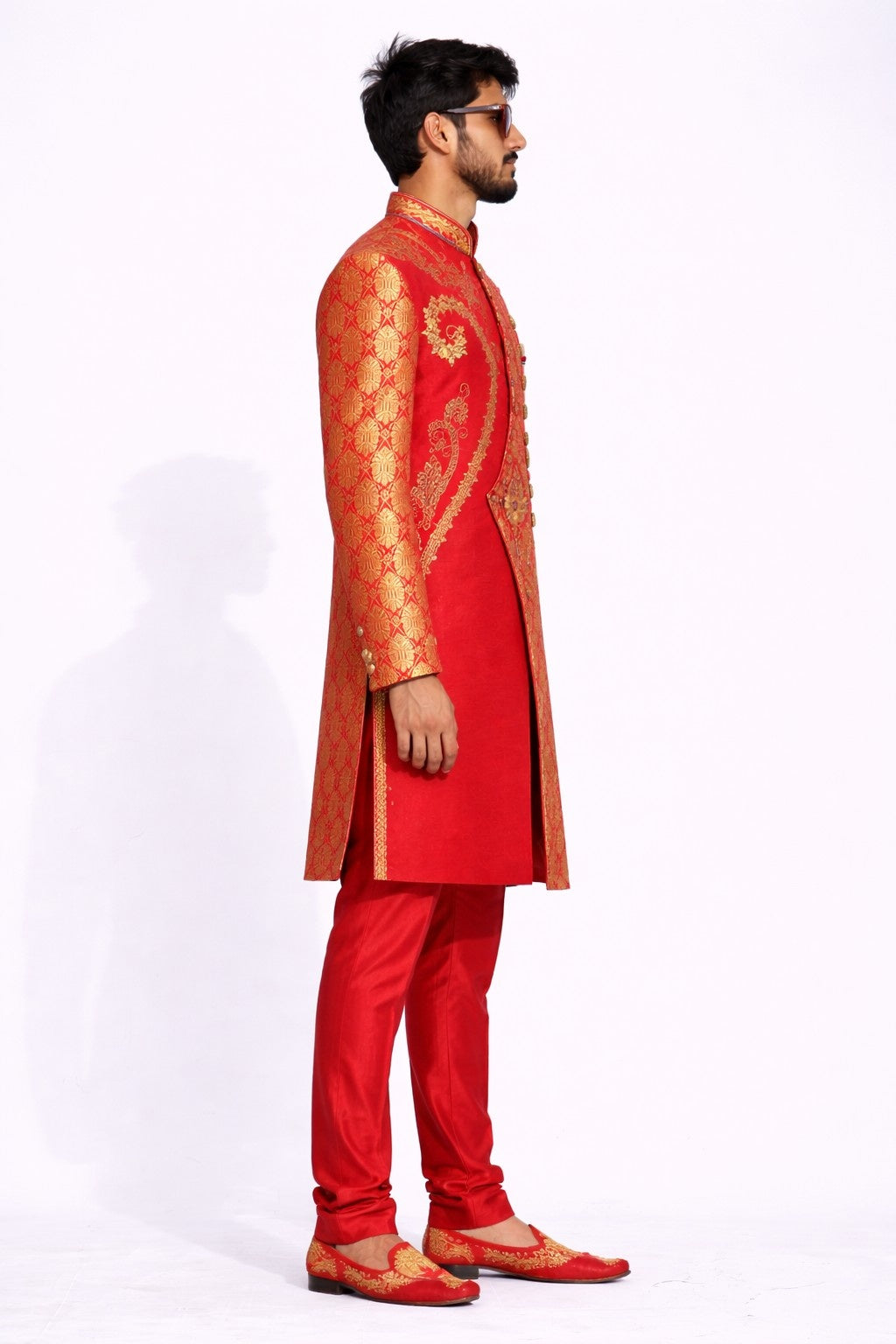 Red and Gold Sherwani with Intricate Embroidery