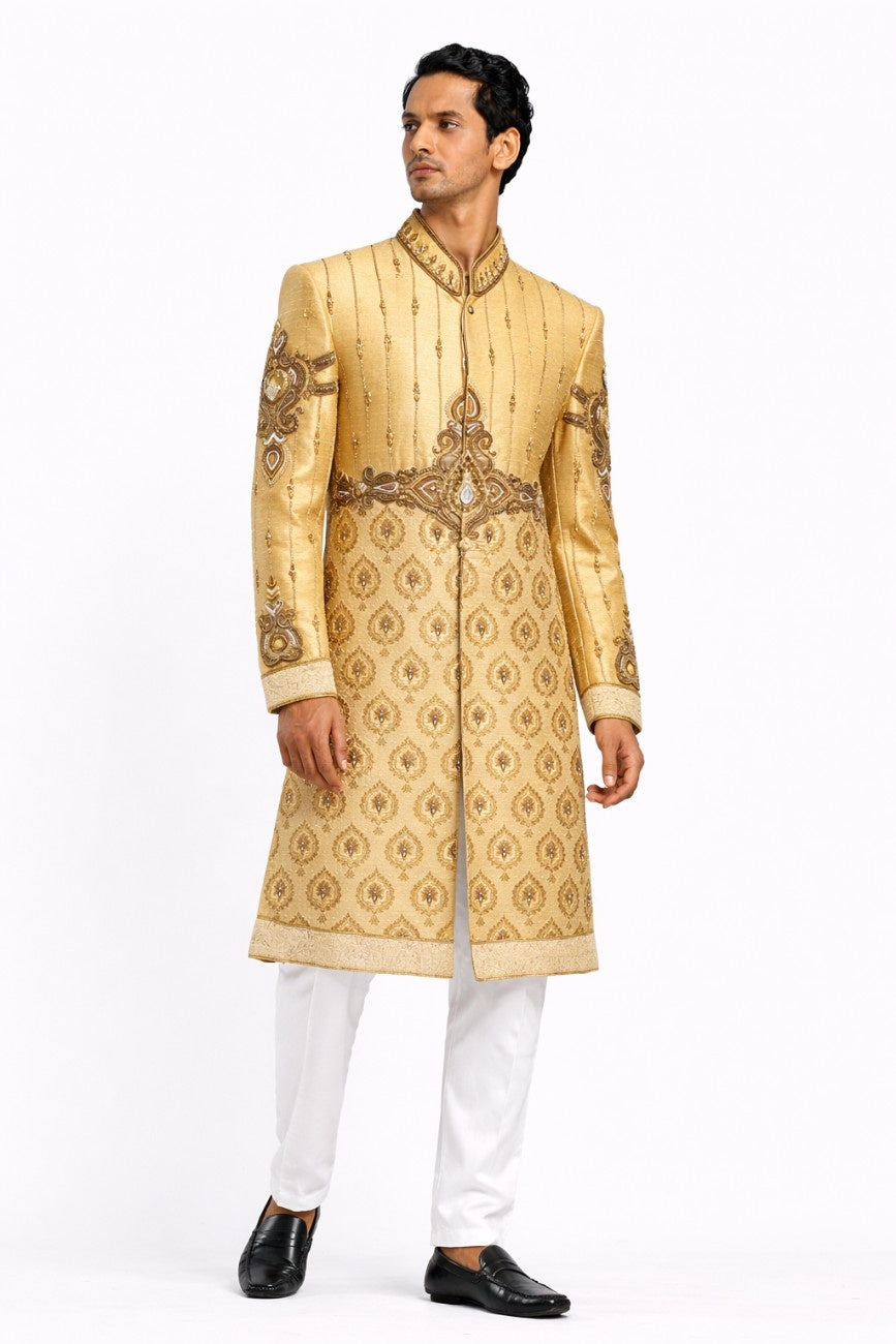 Yellow Floral Embroidered Sherwani with Golden Embellishments