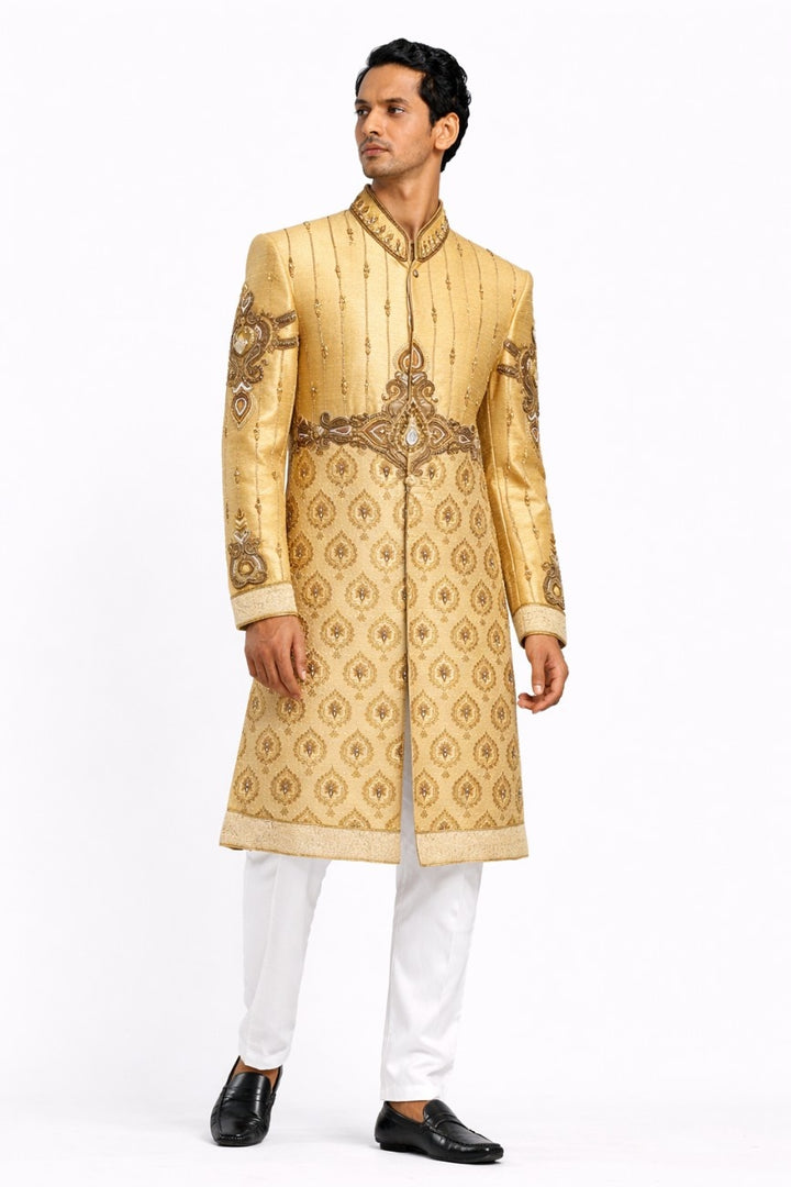 Yellow Floral Embroidered Sherwani with Golden Embellishments