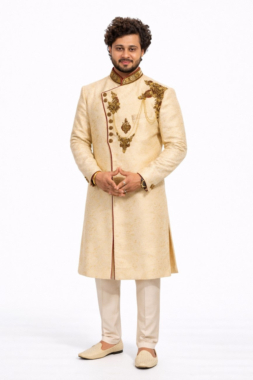 Yellow and Gold Floral Sherwani with Fine Embroidery