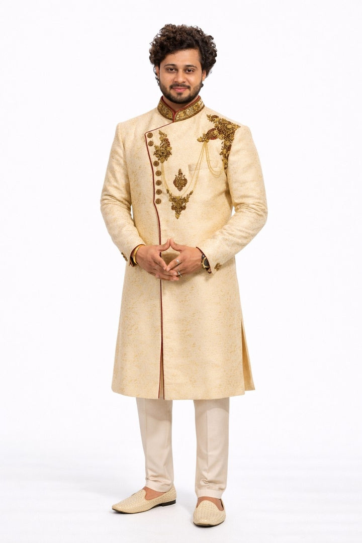 Yellow and Gold Floral Sherwani with Fine Embroidery