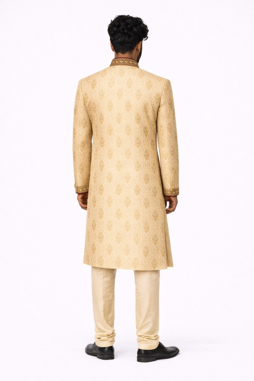 Golden Brocade Sherwani with Red Velvet Borders