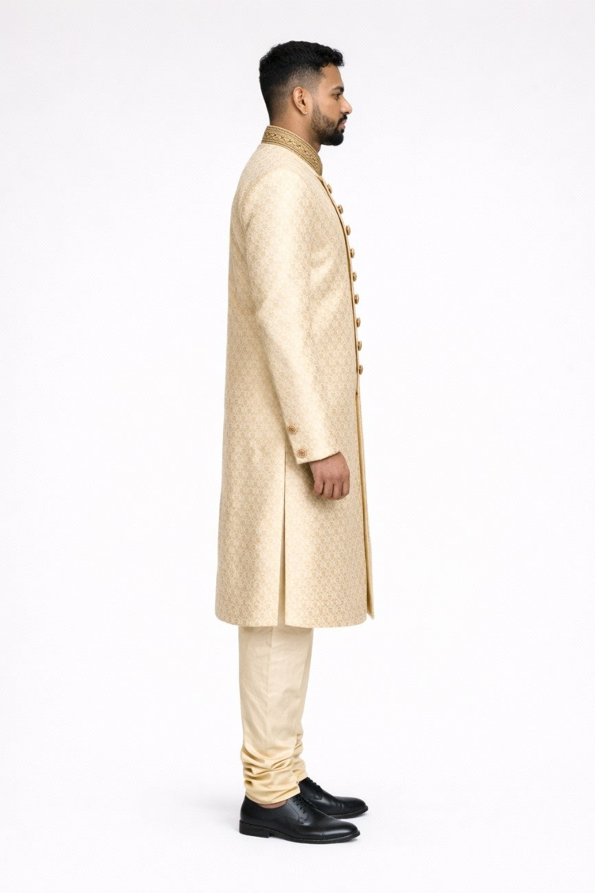 Beige Brocade Sherwani with Embellished Collar and Pocket Square