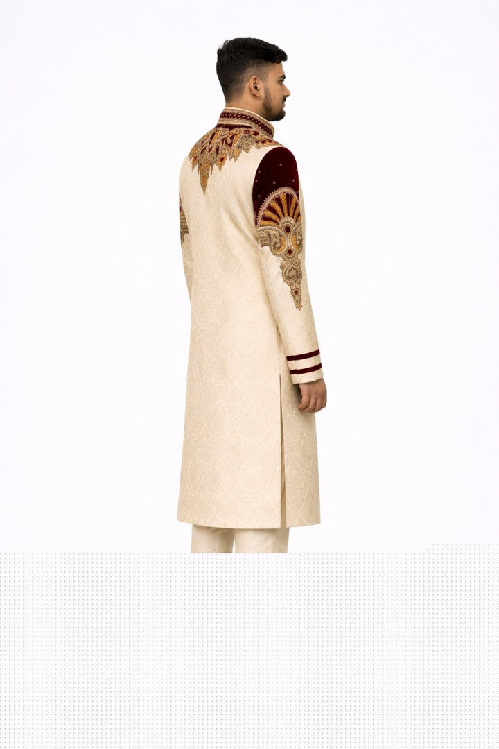 White and Red Velvet Shoulder Embellished Sherwani
