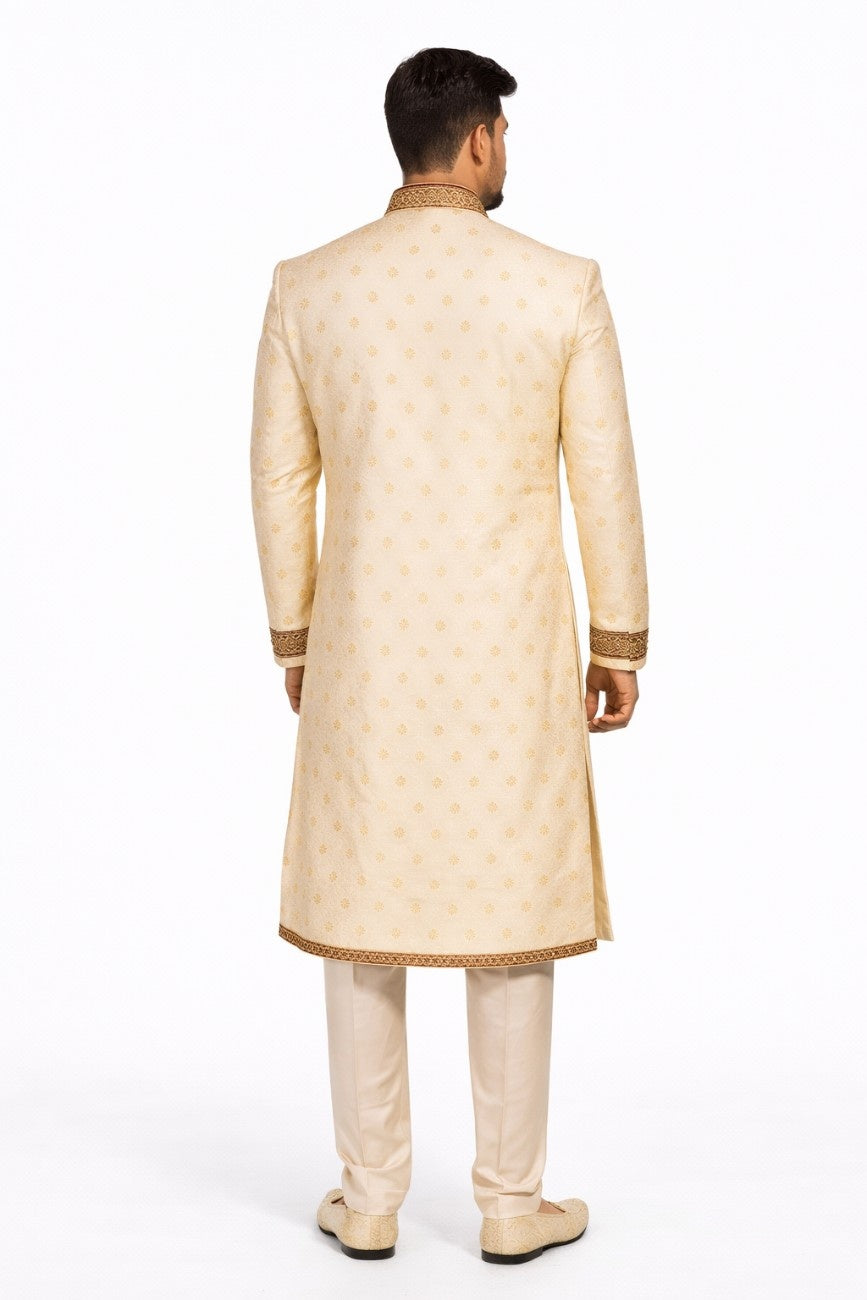 Beige Sherwani with Thread Work and Embellished Collar