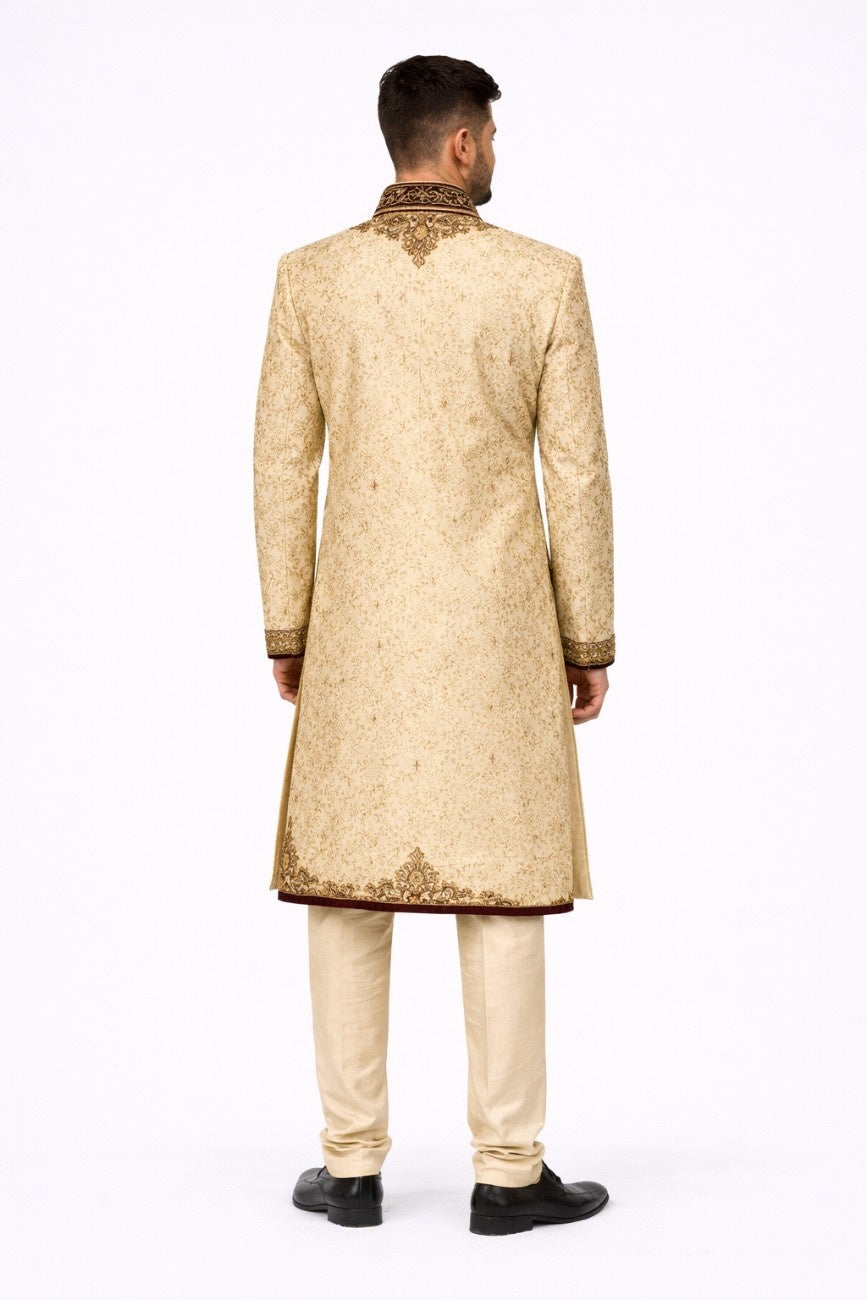 Beige Floral Embroidered Sherwani with Pocket Square