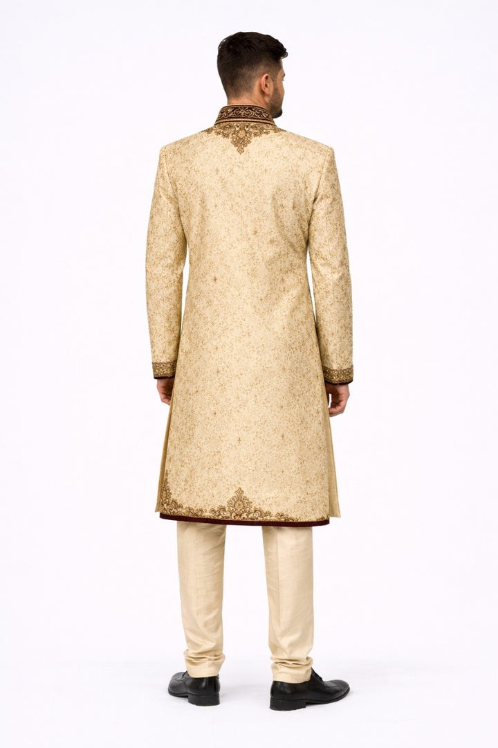 Beige Floral Embroidered Sherwani with Pocket Square