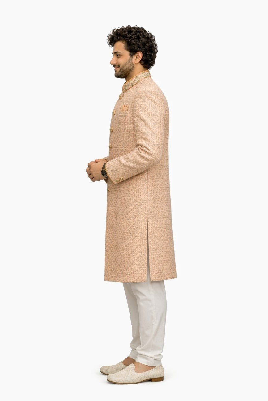 Light Peach Sherwani with Floral Embroidery and Golden Border