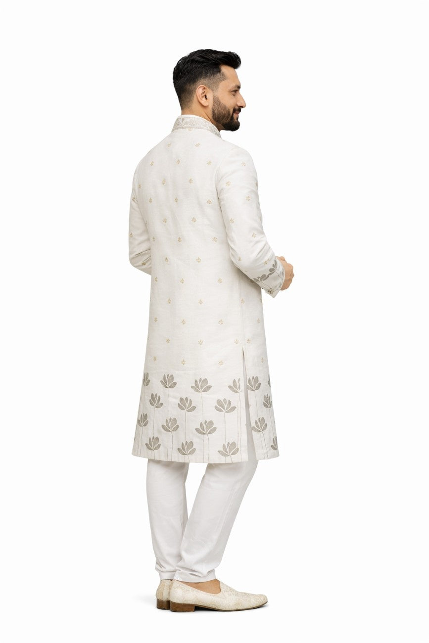 Beige Sherwani with Embroidered Floral and Leaf Design
