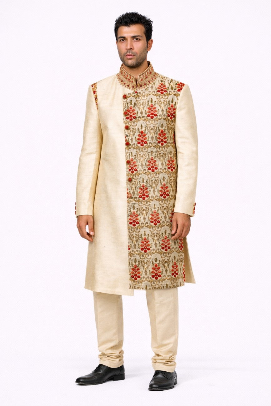 Ivory and Red Floral Embroidered Sherwani with Pocket