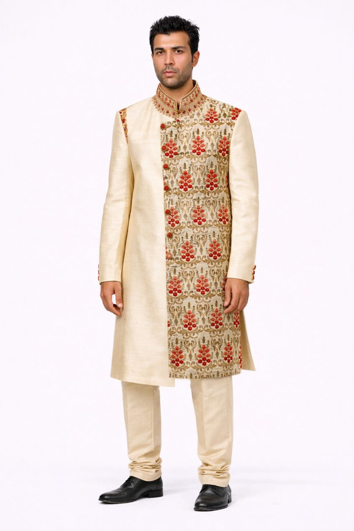 Ivory and Red Floral Embroidered Sherwani with Pocket