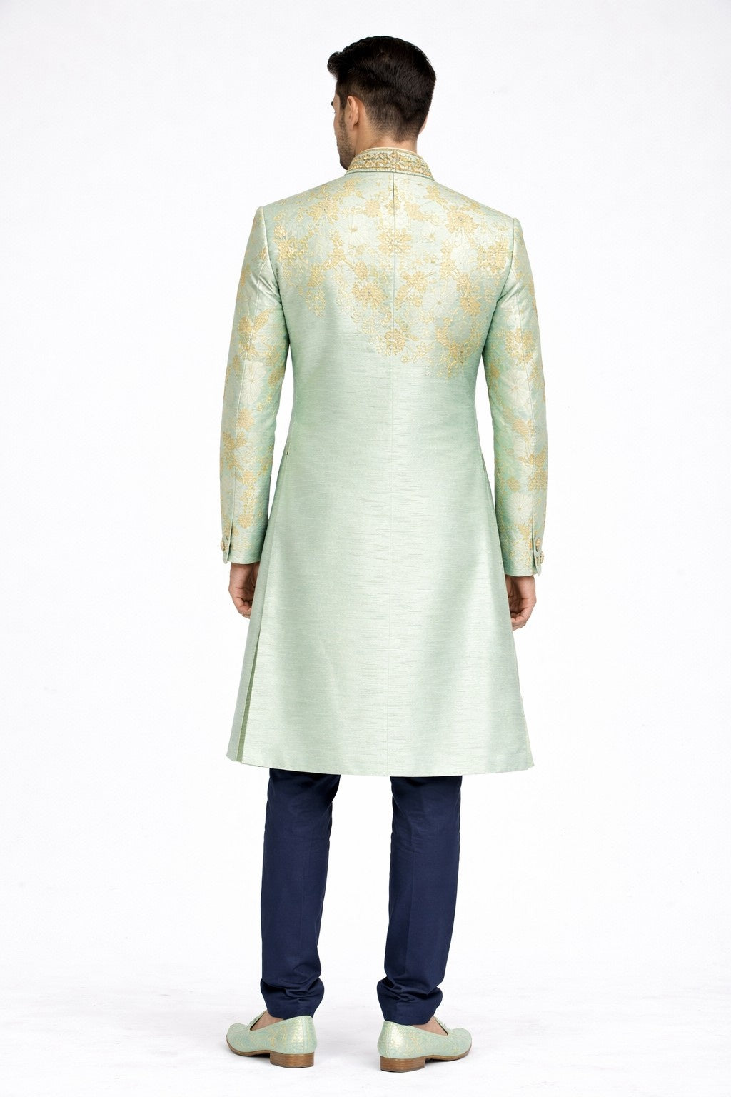 Light Blue Sherwani with Golden Floral Design