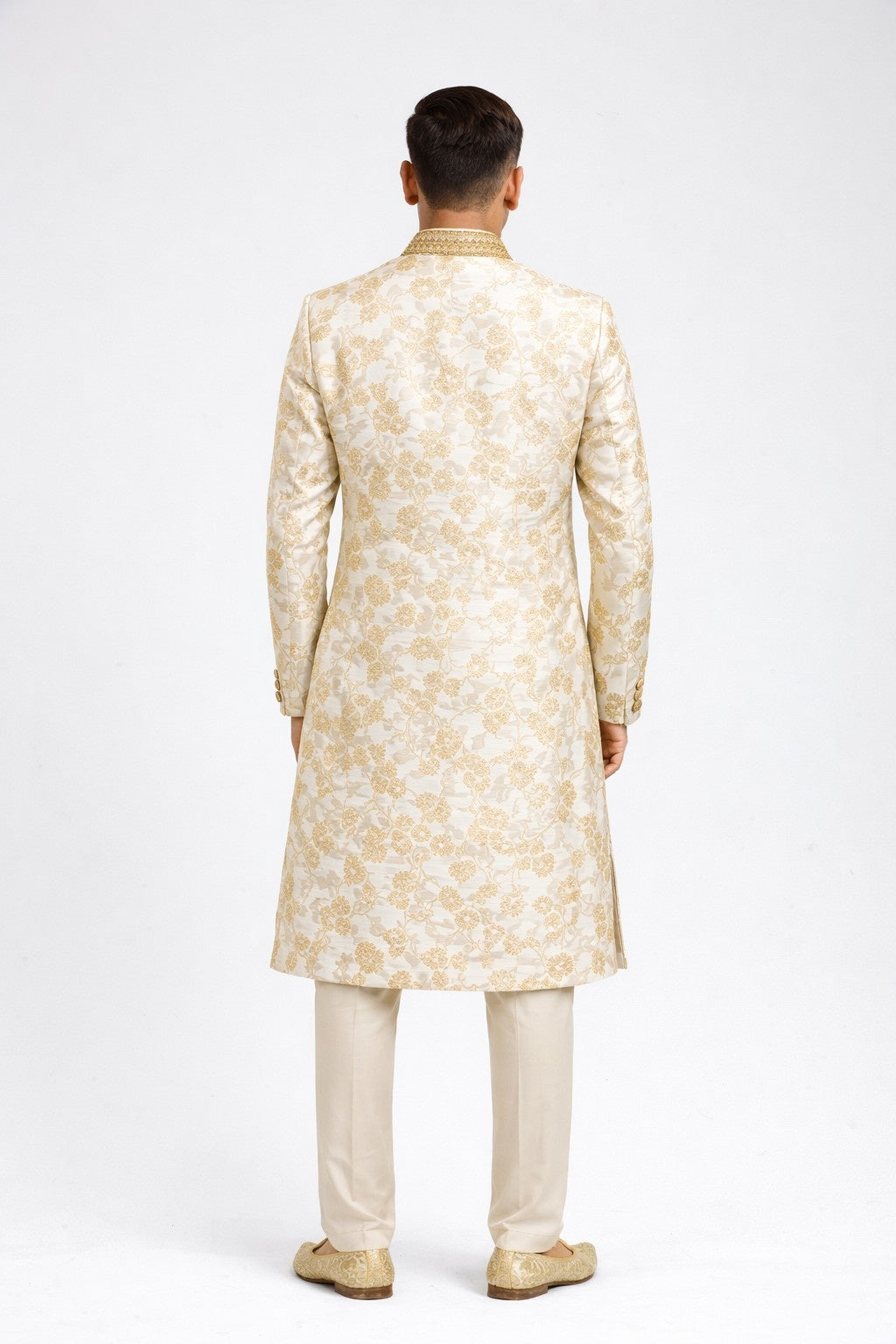 White Sherwani with Golden Floral Embroidery