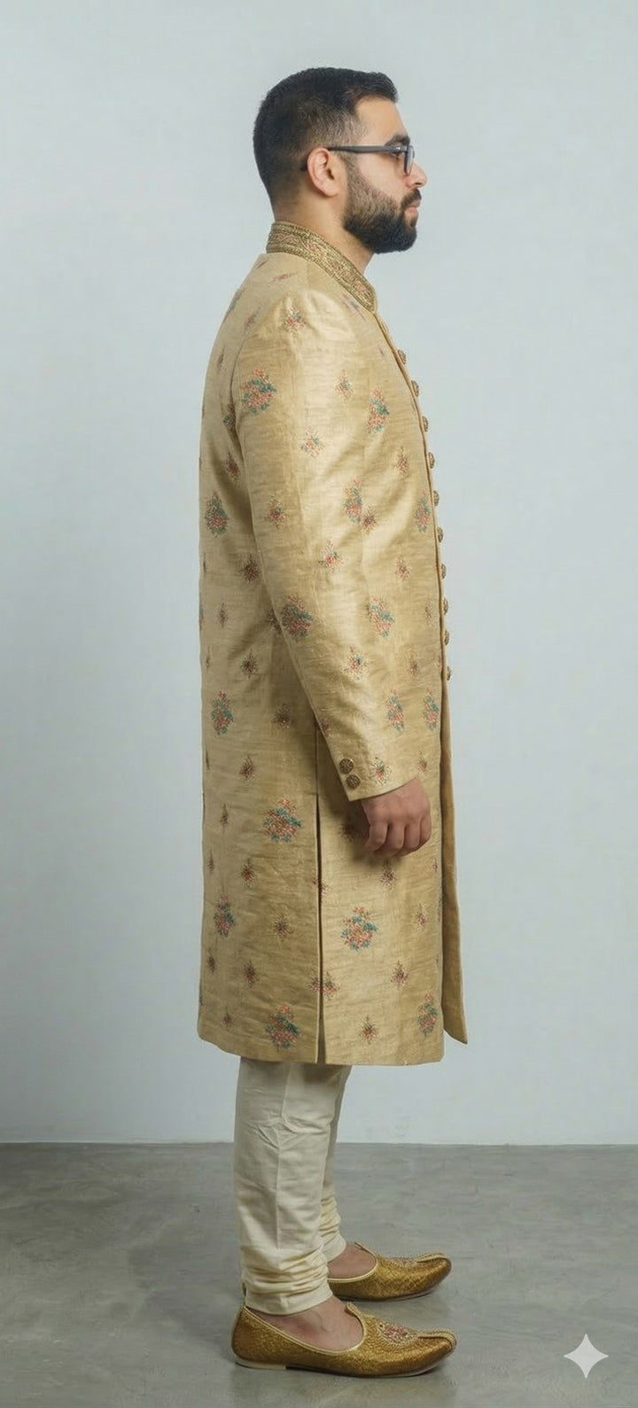 Golden Sherwani with Floral and Tassel Embroidery