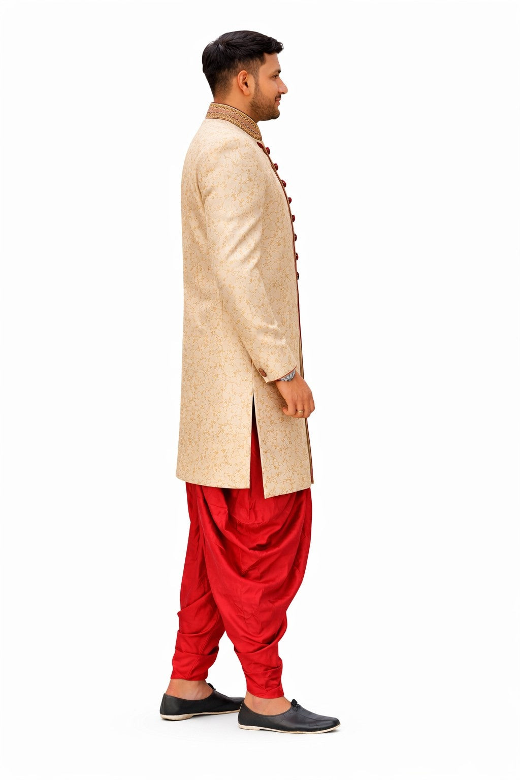 Beige Sherwani with Gold Floral Embroidery and Red Border