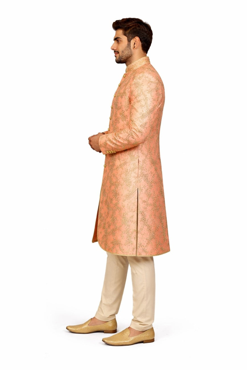 Pink Sherwani with Golden Floral Embroidery