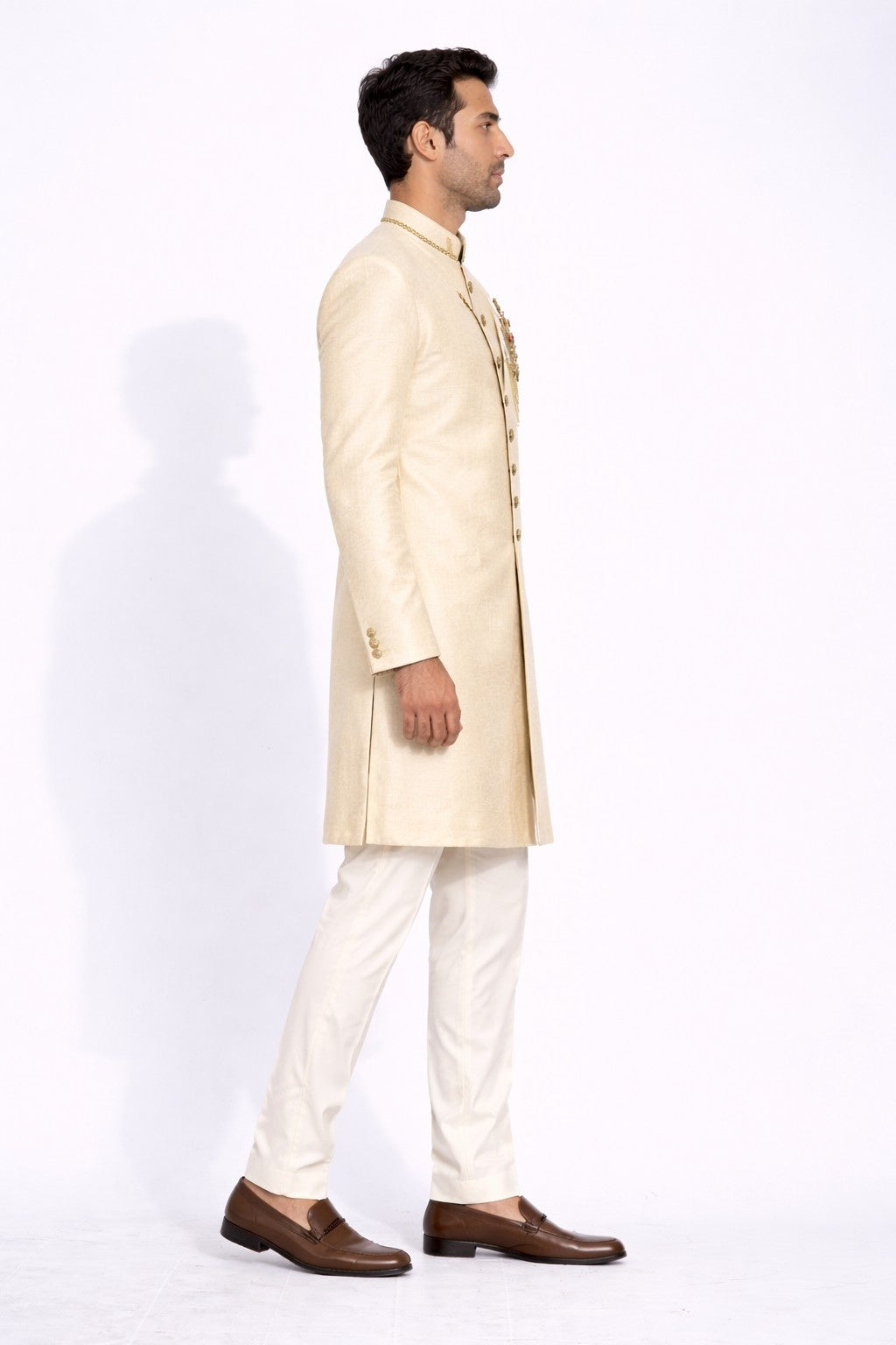 Beige Sherwani with Golden Embroidered Peacock Design