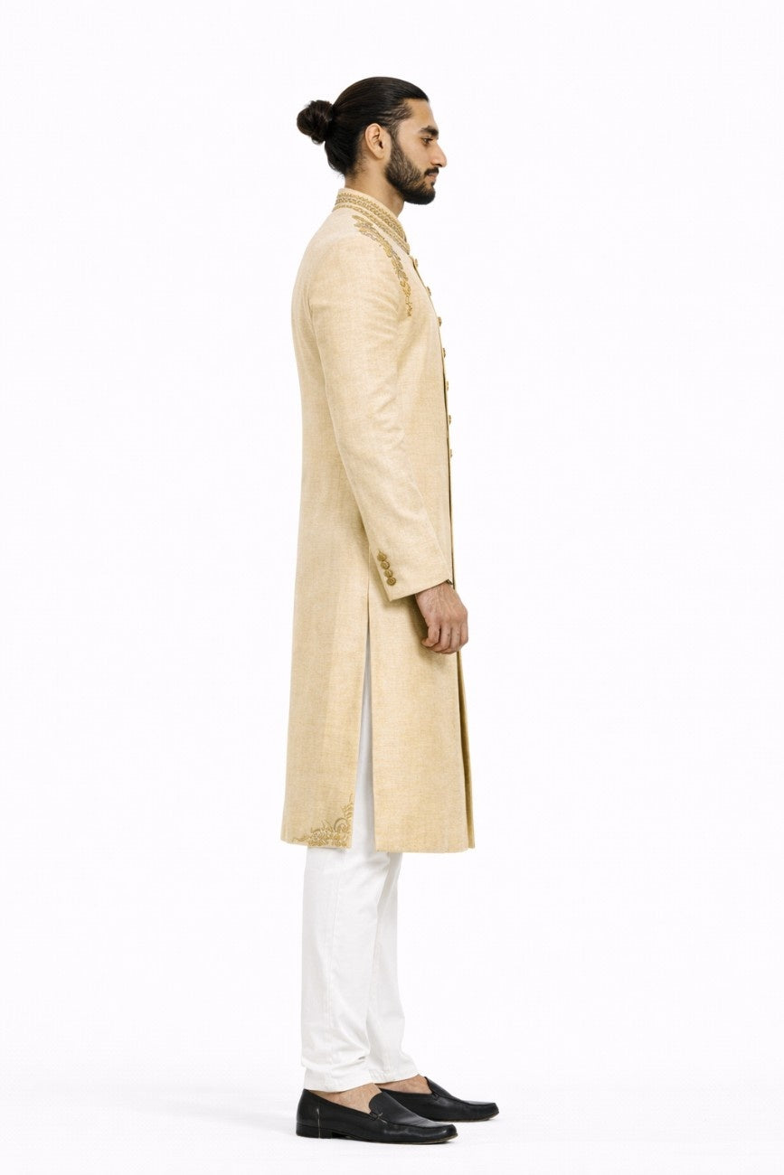 Golden Sherwani with Floral Thread Work and Pocket Square